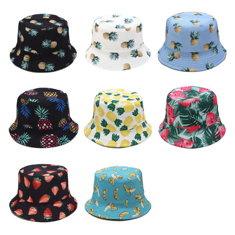 Unisexe été deux côtés porter réversible seau chapeau bohème ananas pastèque Fruits impression pliable pêcheur casquette