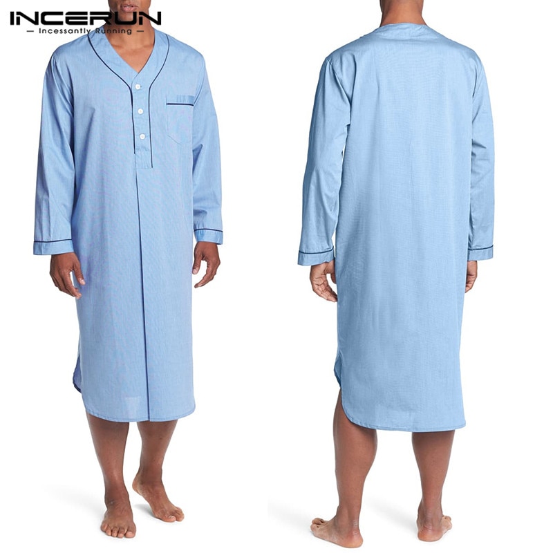 Incerun mænd sovekåbe langærmet v-hals knap homewear hyggelig badekåbe åndbar fritid herre natkjole pyjamas kjole