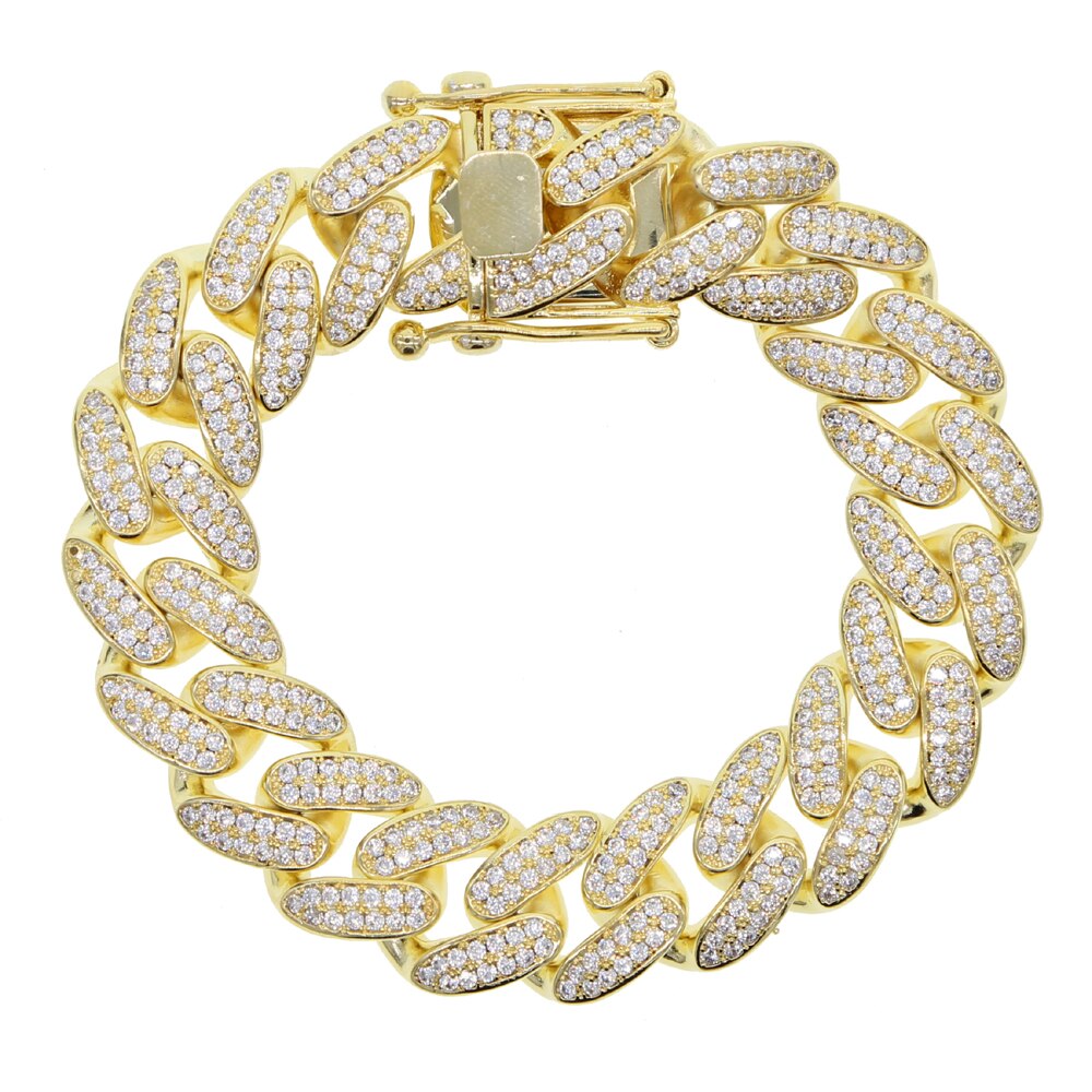 Zilver Kleur 18Mm Classic Cubaanse Link Chain Iced Out Bling 2 Ruwe Cz Cubaanse Link Chain Armband Voor Vrouwen heren Hiphop Sieraden: Goud-kleur / 18 cm
