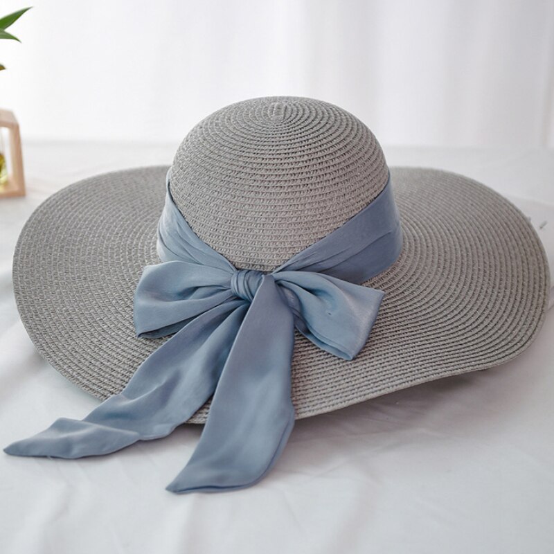 Ht2259 panama damer hatte strand stor bånd sløjfe stor bred skygge hat kvinder sommer pakkes floppy strand sol hat halm