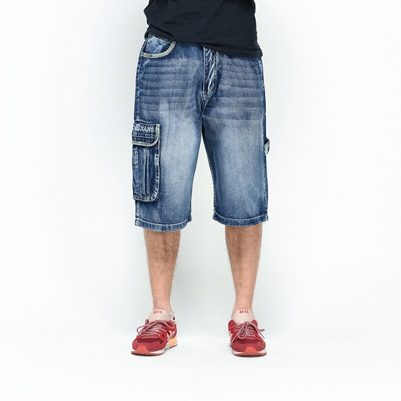 Herre plus size løs baggy denim korte mænd jeans streetwear hip hop lange 3/4 capri cargo shorts lomme bermuda mand blå: 34