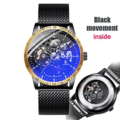 Ik färglägg herrklockor mesh flätat band i rostfritt stål automatisk mekanisk manlig klocka skelett steampunk relogio masculino: E2