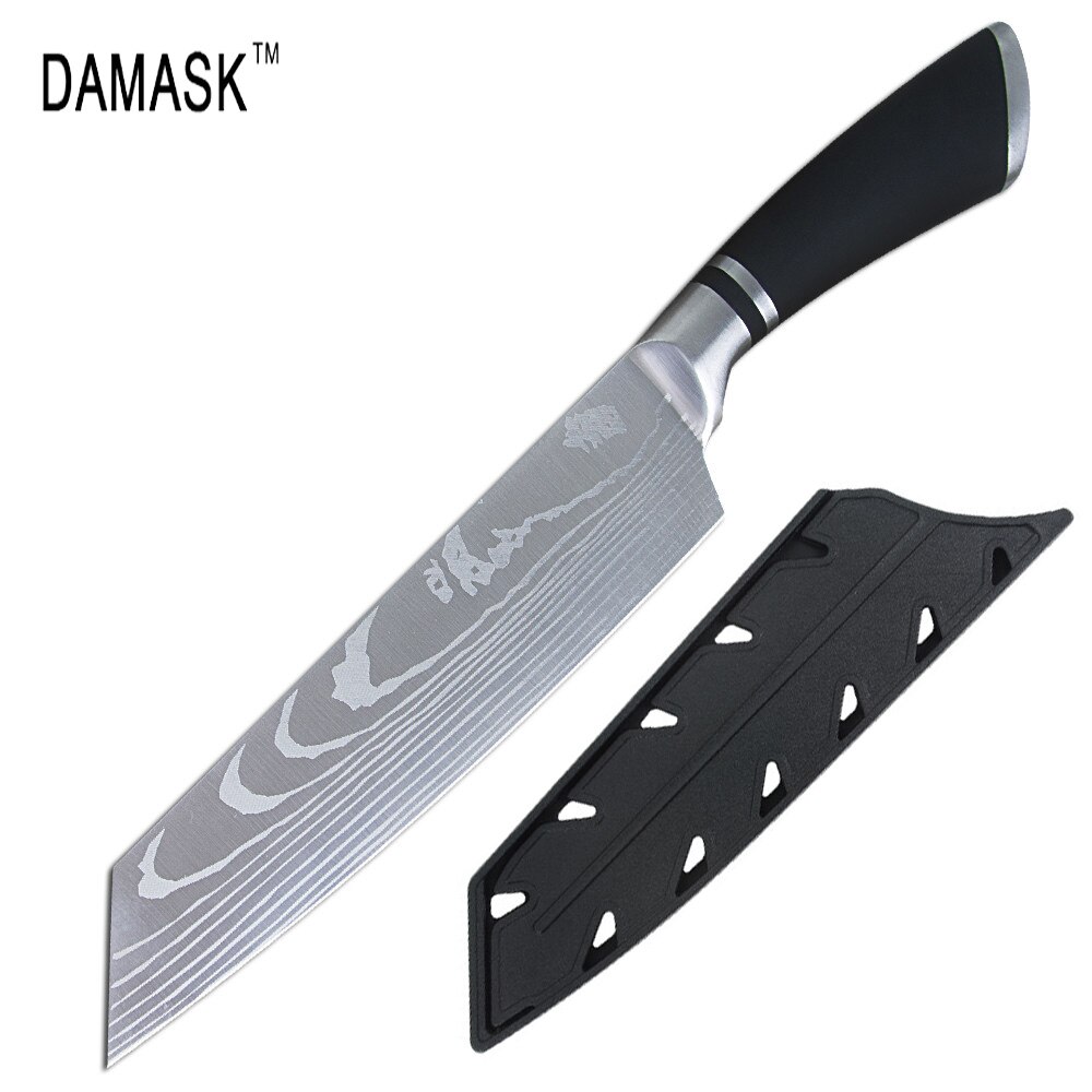 Damassé 8 pouces Pro Chef couteau Nakiri acier inoxydable couteau tranchant couteau de cuisine viande couperet couteau à boeuf avec couvercle en plastique