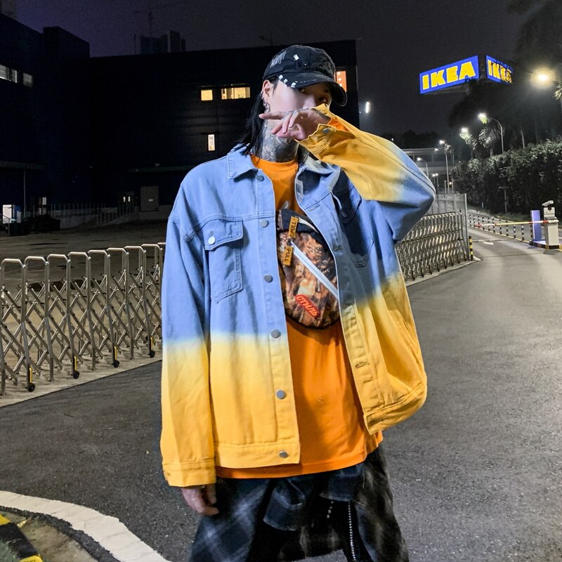 Gradient blå denim jakker streetwear vasket hiphop efterår mænd vintage punk rock farve blok mandlig knap oversize jakke