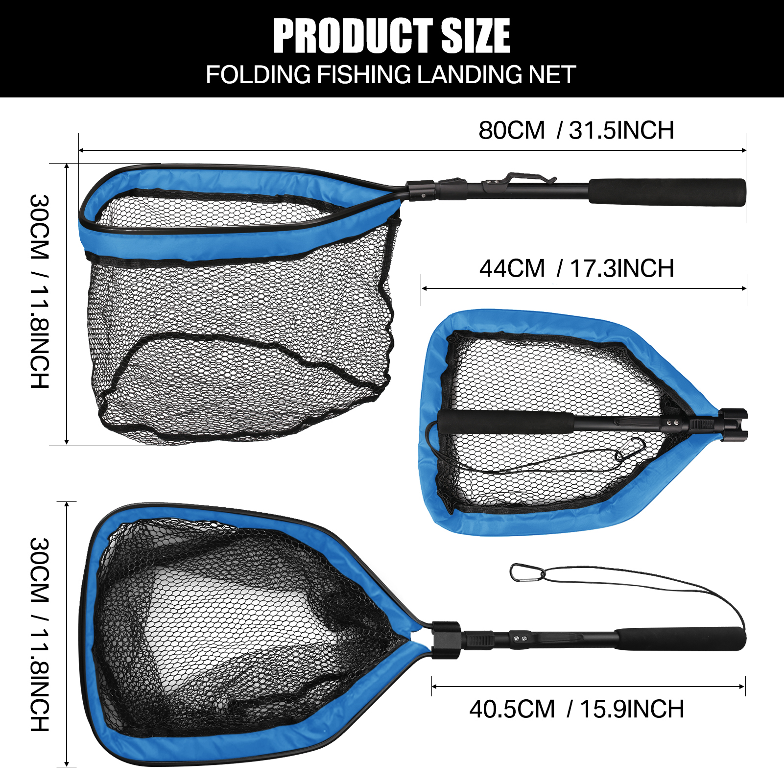 Fishing Landing Net Aluminum Alloy Durable Telescoping Extend to 190cm/130cm/55cm Folding Mesh Safe Fish Catching Releasing