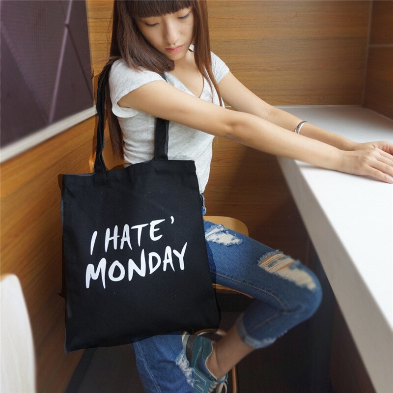 YILE Brand Lace Up Cotton Canvas Two Straps Shoulder Bag Handbag Print I Hate Monday E101