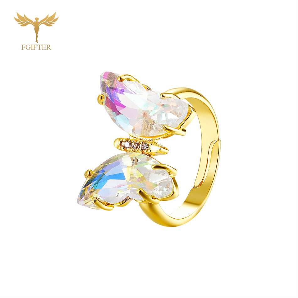 Anillos de mariposa de circón en 18 colores para mujeres y niñas, accesorios de joyería para dedo de mano de cobre de Color dorado de lujo, de tamaño ajustable: Negro