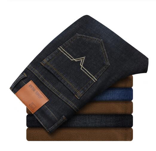 Mænd vinterjeans mænd sort/blå slim fit stretch tykke fløjlsbukser varme jeans afslappede fleecebukser herre plus størrelse 40: Sort / 33