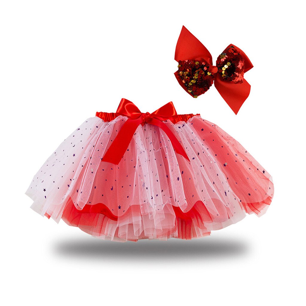 Baby Girls Rainbow Tutu Skirt Party Dance Ballet Splice Sequin Rainbow Tulle Kids Girls Mini Skirt Bow Hairpin falda de tul: Red  / S
