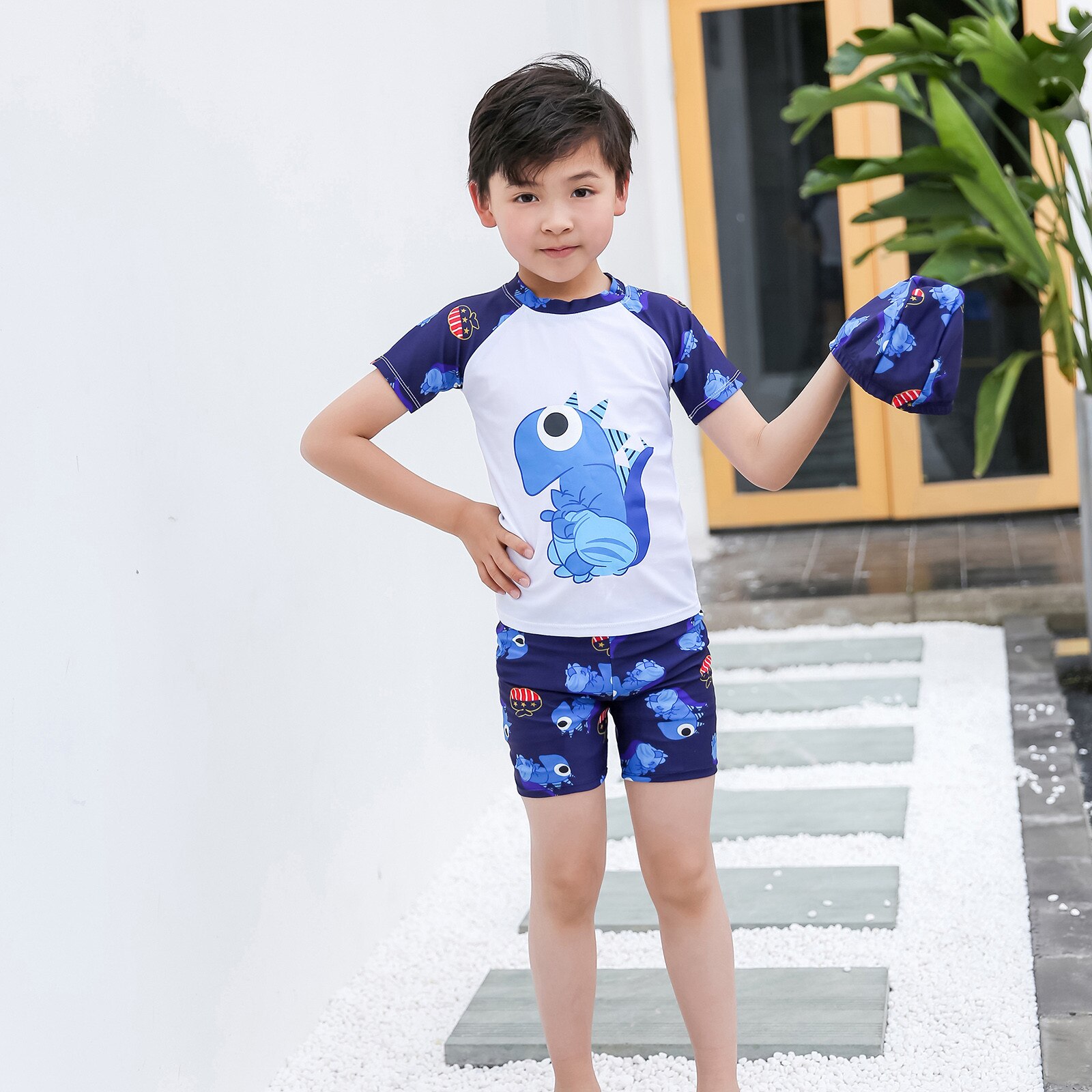 Kinderen Badpak Jongen 3 Stuks Dinosaurus Kids Rash Guard Korte Mouwen Zwemmen Badpak Voor Jongens Peuter Baby Badmode