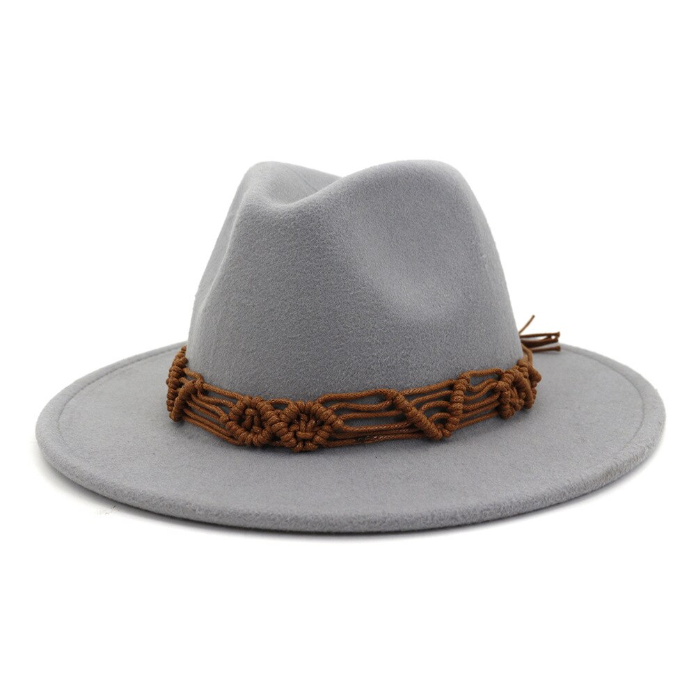 HanXi Women Hat Wool Fedoras Felt Hat Flat Brim Cap Twist Band: light gray