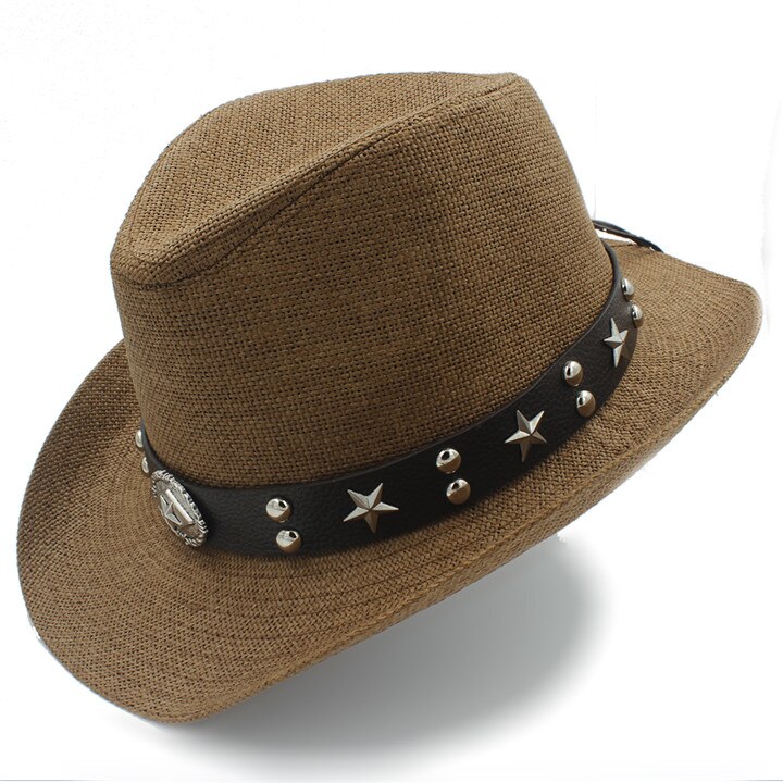 Naiset miehet olki western cowboy hattu kesäksi cowboy cowgirl aurinkohattu sombrero caps punk vyö hyvä pakkauskoko 58cm: Kahvia