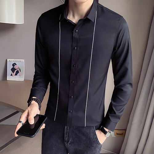 Lente en herfst heren lange mouwen gestreept shirt wit zwart heren top slim camisa s-xxxl: Zwart / 3xl 70kg-75kg
