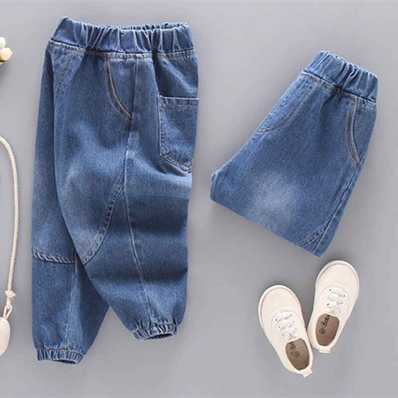 Vårgutter lange løse jeansbukser uformell denimblå elastisk brede ben pappabukser elastisk midje småbarnsjeans i 2-7 år