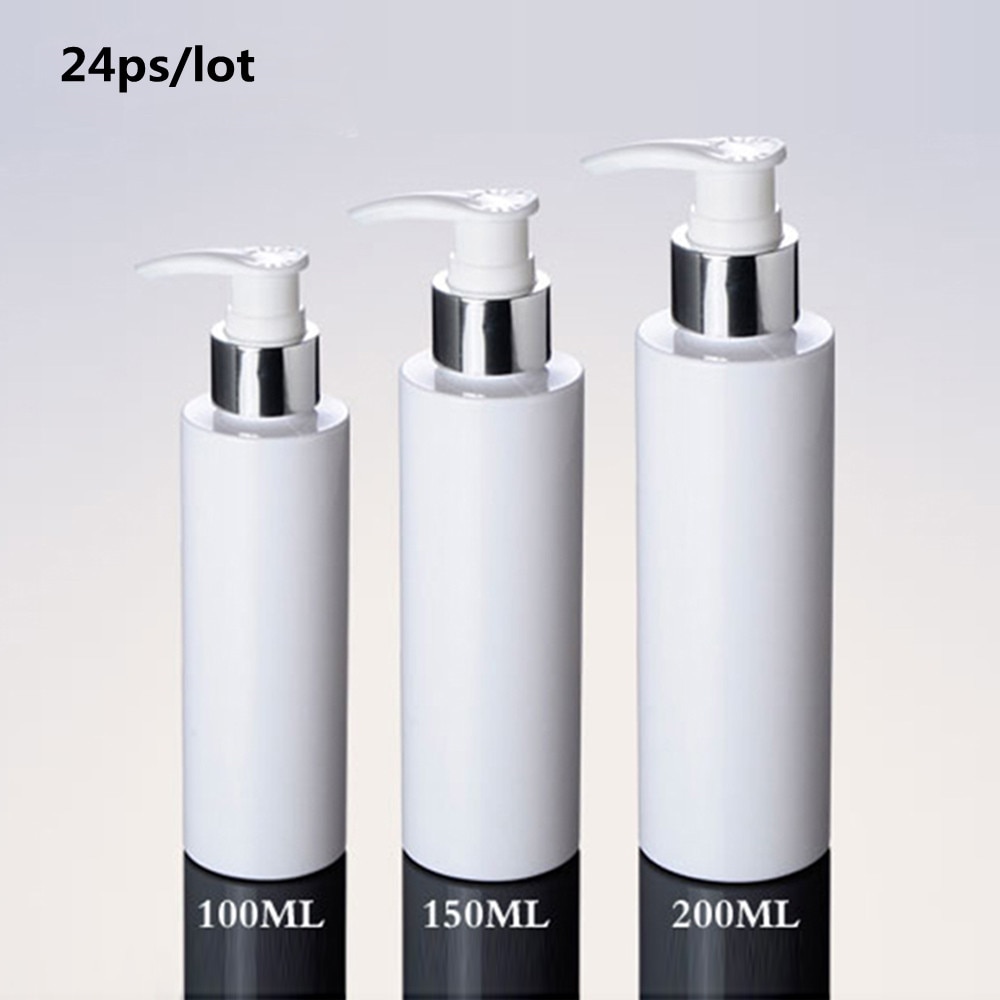 24 stk/partij Cosmetische Verpakkingen 100ml 150ml 200ml Witte Plastic Zilver Lotion Pomp Fles, pet-fles voor Shampoo met Dispenser
