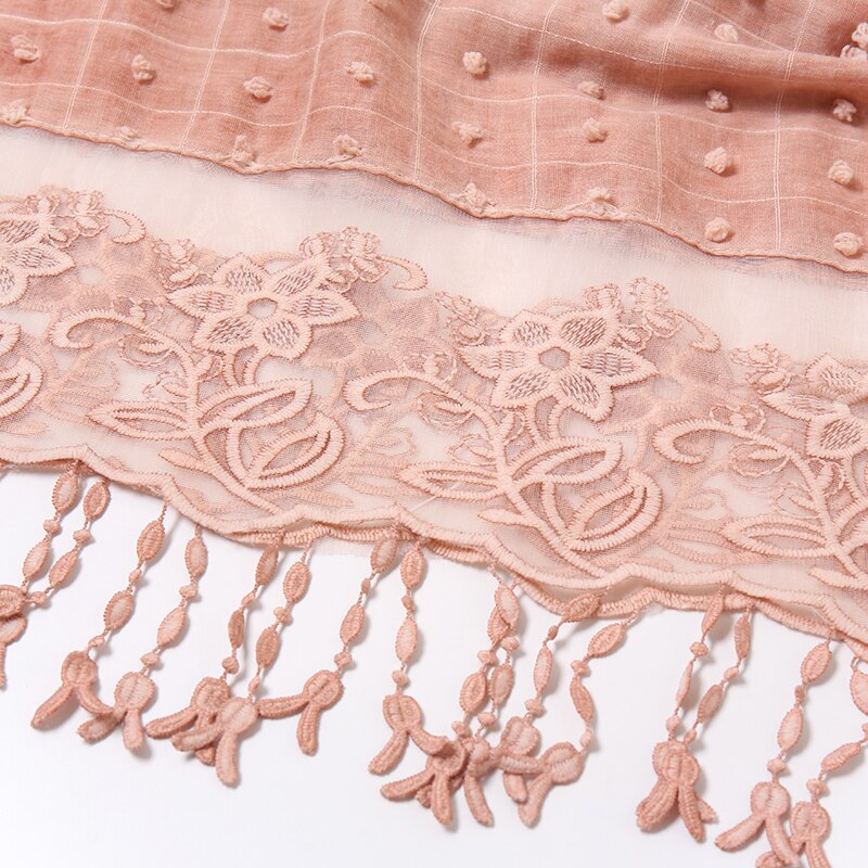 plaine Pom coton écharpe Plaid gland dentelle brodé coton foulards femmes musulman Hijab étoles femme bandeau à fleurs 1PC