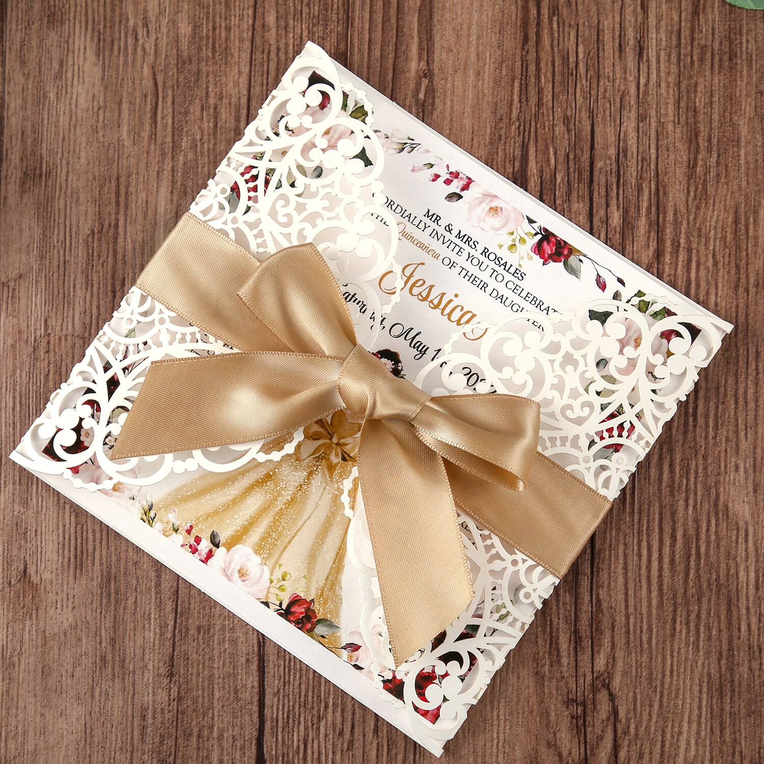 1pcs Square Wedding Invitation Card Bridal, Baby Shower Invite, Birthday, Dinner Invite, with Gold Bowknot Hollow W0004