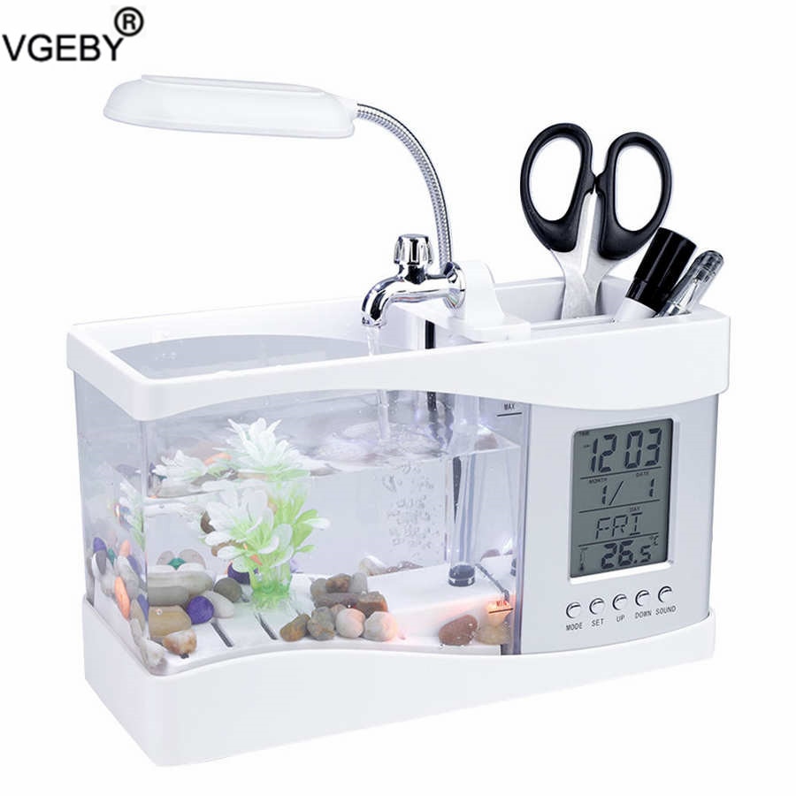 Mini Aquarium de bureau avec écran LCD et horloge, Mini USB, réservoir de poissons, Beta, décoration avec galets