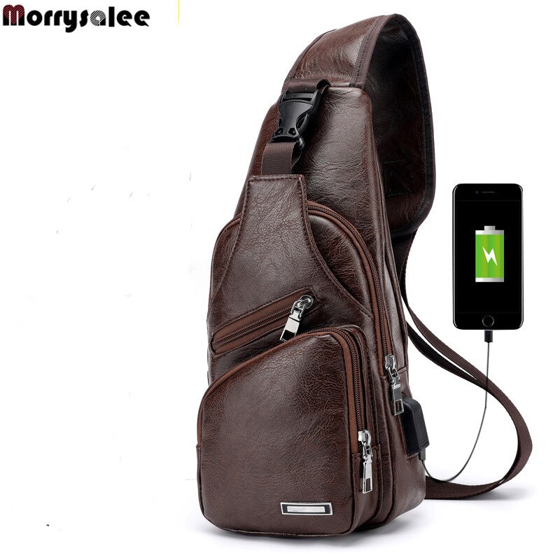 Men's Crossbody Bags Men's USB Chest Bag Messenger bag Leather Shoulder Bags Diagonal Package Back Pack Travel: Brown