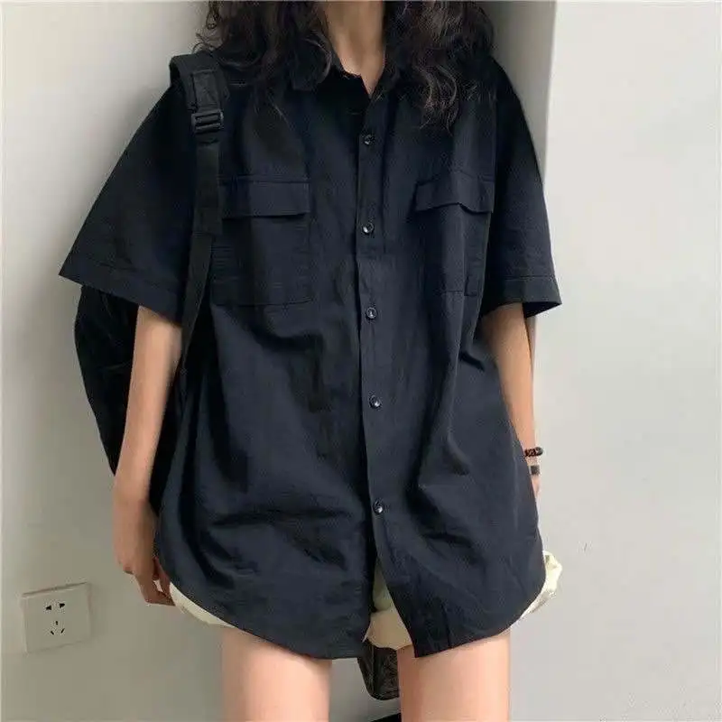 Nova moda camisa de manga curta feminina branca gola virada para baixo básico casual adolescente gril estudante camisa oversize feminina blusa solta