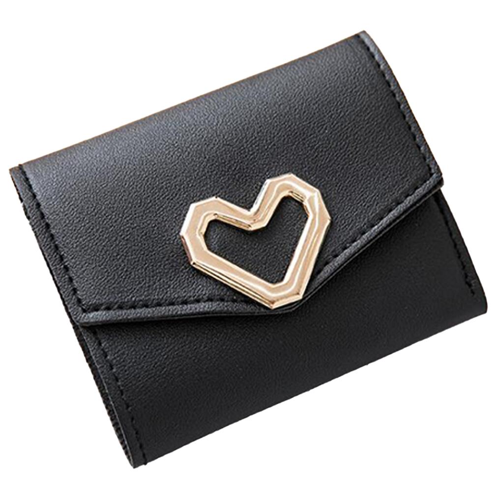 PinShang Women Short Wallet Heart 3-folds Candy Color PU Leather Magnetic Buckle Square Purse: black