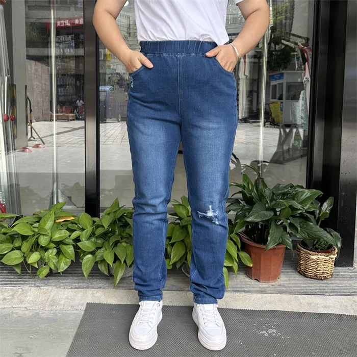 Zerrissene Jeans Frauen 9XL 8XL 7XL Hohe Taille Plus Größe Bleistift Hosen verlieren Gestreckt Zerkratzt Mädchen Weibliche Elastische Denim Hosen: 8XL / Schwarz