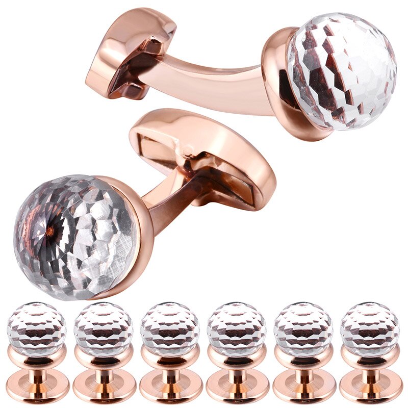 HAWSON nouveauté boutons de manchette en verre et goujons ensembles pour formelles mariage classique, chemise française hommes accessoires: Rose Gold