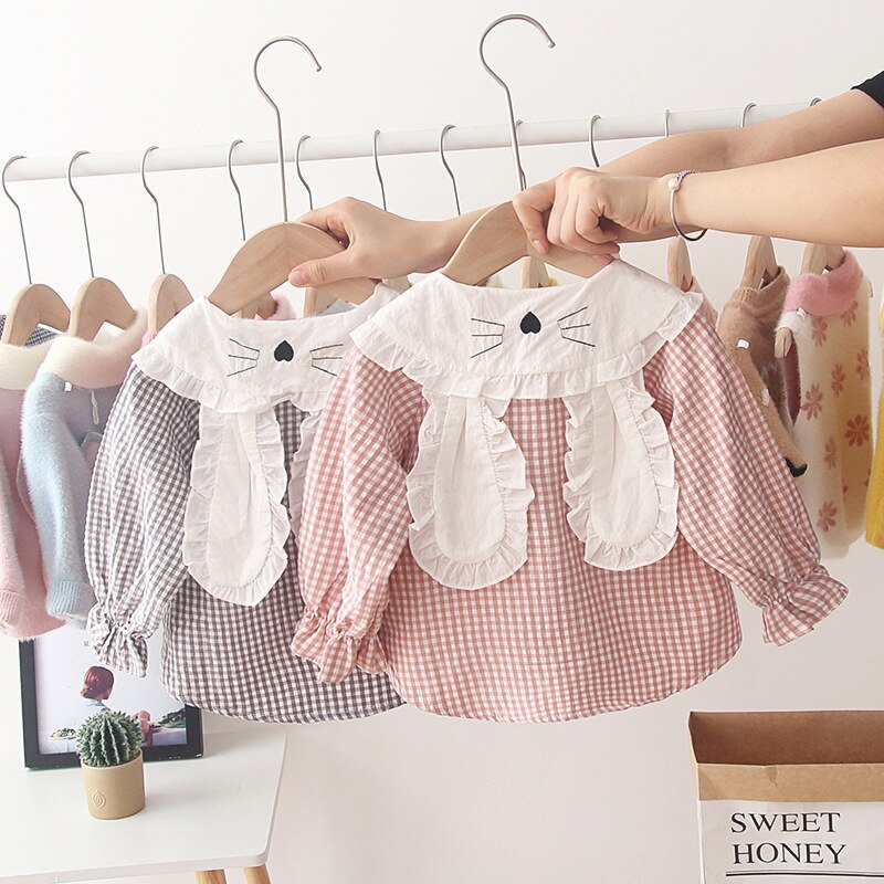 Otoño bebé niñas manga larga dibujos animados conejo solapa Collar Plaid blusa Tops niños camisas rupas de bebe