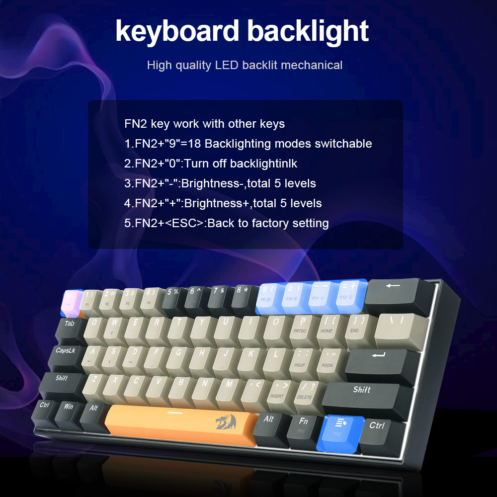 REDRAGON Lakshmi K606 USB Mechanical Gaming Keyboard Brown Switch 61 Keys Wired detachable cable,portable for travel