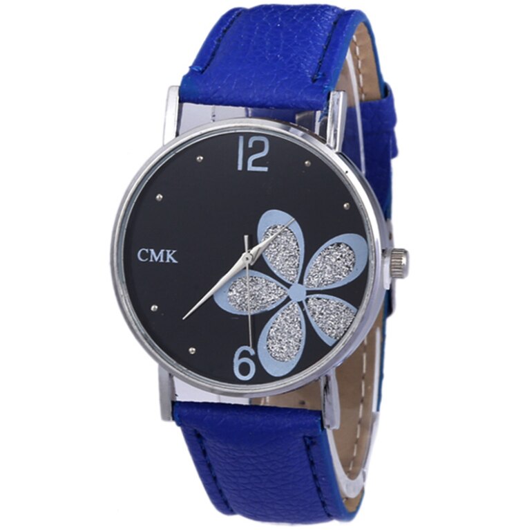 Horloges Vrouwen Mode Lederen Band Bloem Vrouwelijke Klok Dames Quartz Polshorloge Montre Femme Relogio Feminino: Blauw