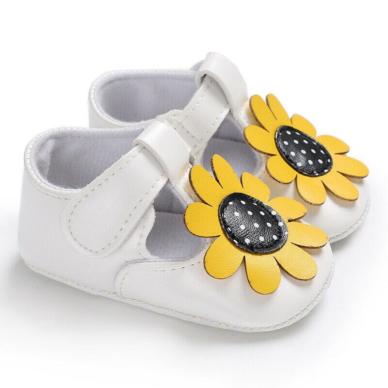 Baby Zomer Schoenen Kleding Pasgeboren Baby Meisje Lederen Schoenen Zonnebloemen Leuke Zachte Schoenen Ademend Klompen: WHITE / 13-18 months