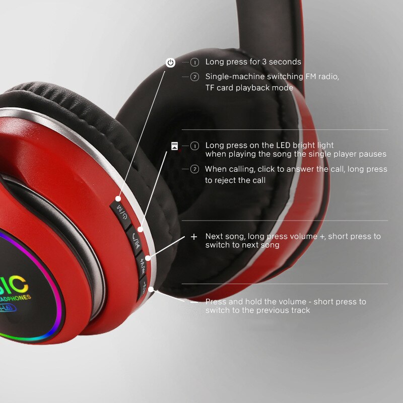 Sans fil Bluetooth 5.0 casque pliable musique stéréo HIFI Surround casque de jeu sur l'oreille avec micro LED veilleuse écouteur