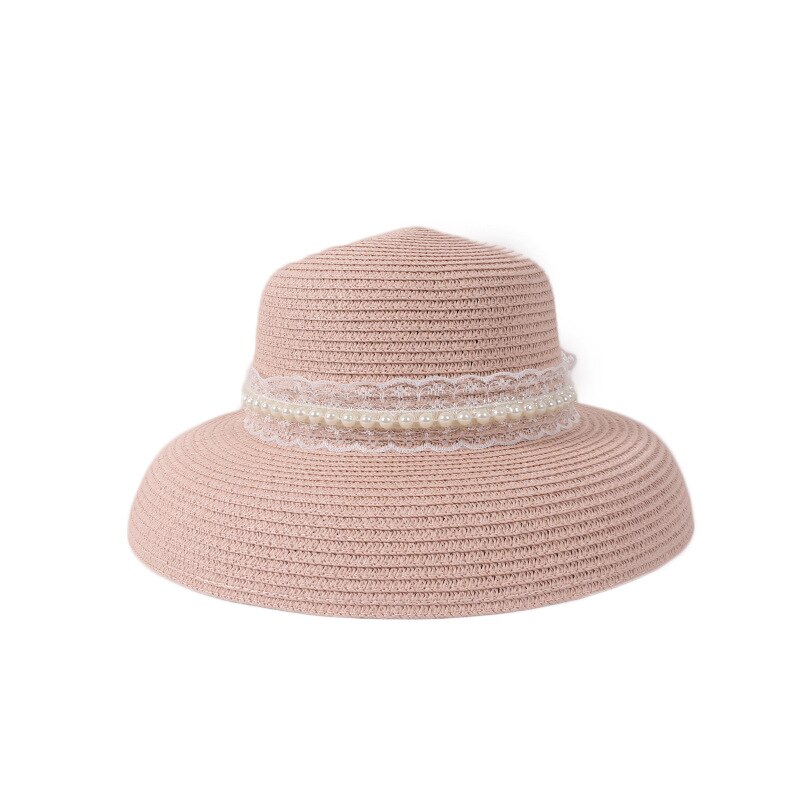 Modieuze strohoed strandhoed dames zomer strand zonnehoed buiten zonnehoed reizen grote dakrand zonnehoed: Roze wit lint
