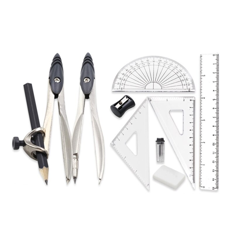 10pcs iron box + metal geometry protractor drawing school rubber compasses set of mathematical rubber ruler for students supplie