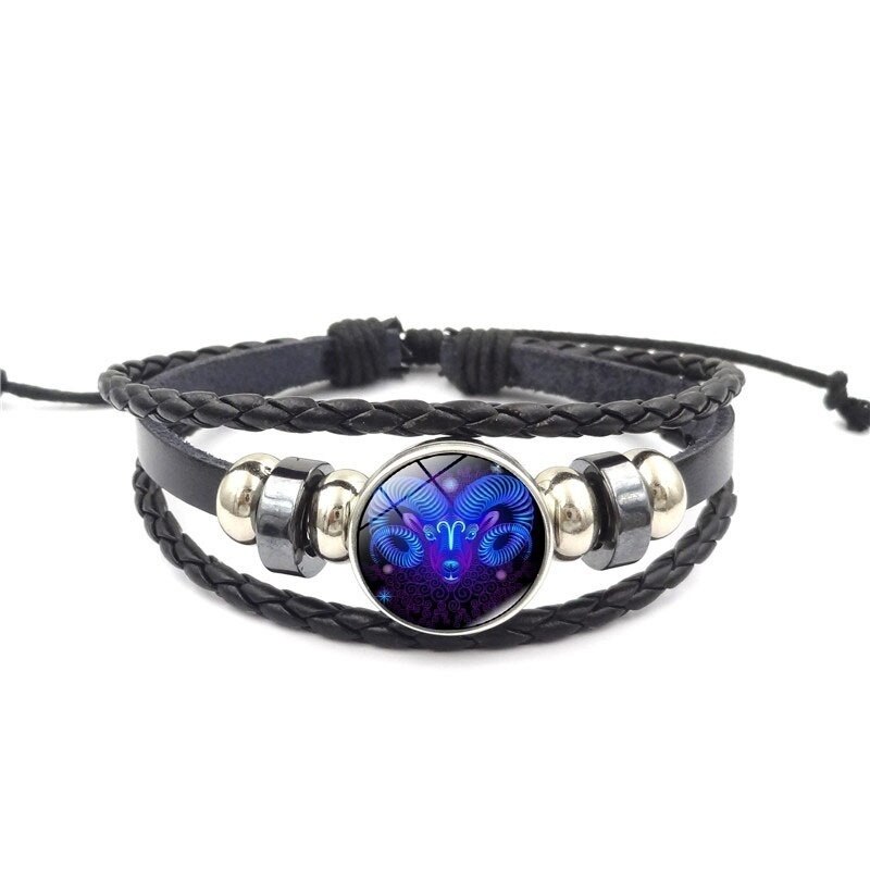 12 Constellation Zodiak Teken Blauw Glas Lederen Armband Ram Waterman Leeuw Maagd Geweven Glas Dome Sieraden Punk Mannen Armband: Aries