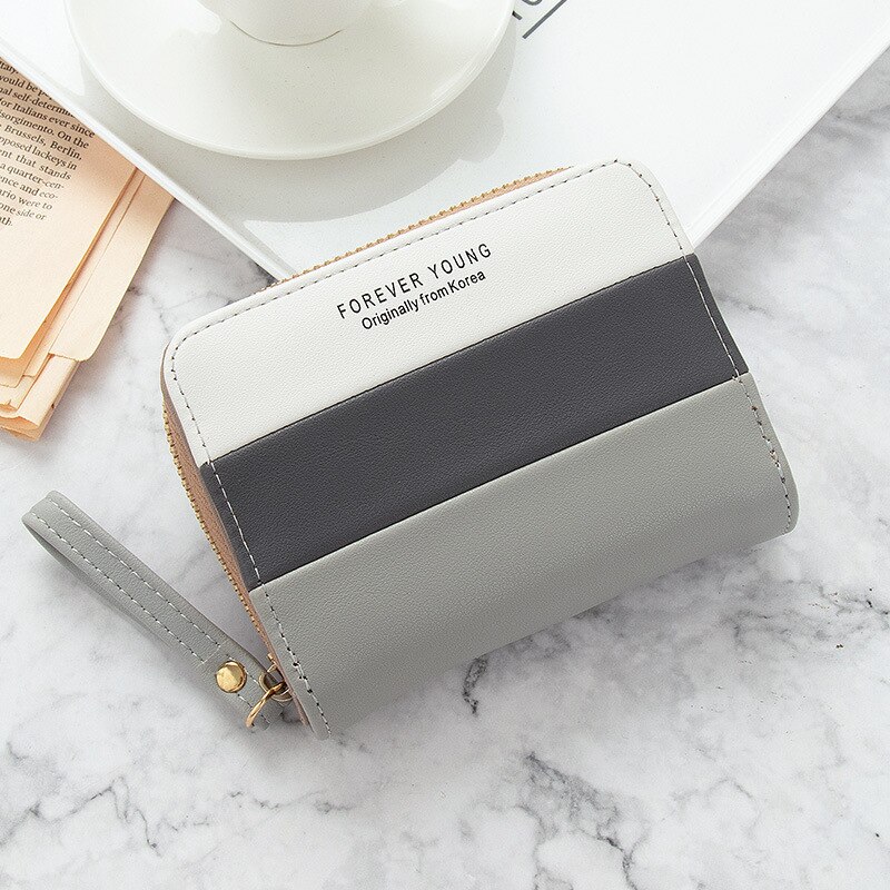 Geestock Short Wallet Women Zipper Purse Patchwork Wallets Coin Purse Multiple Card Slots Credit Card Holder PU Leather: Grey