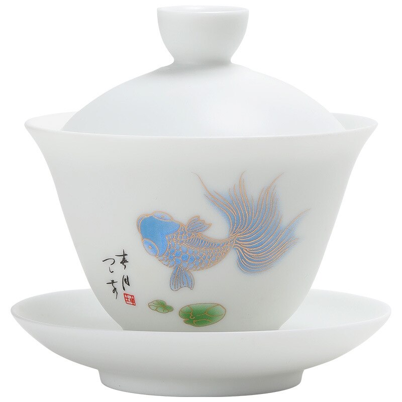 Deksel bolle te kopp hjemmestil keramisk hvittøy stor deksel bolle te bolle sau fett jade enkelt kung fu te sett gaiwan