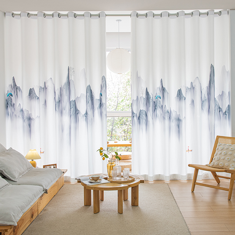 Fondos de pantalla decoración del hogar Cortina divisoria china - Blanco transparente con caligrafía paisajística, privacidad de filtrado de luz para ventana salediza: Transparente