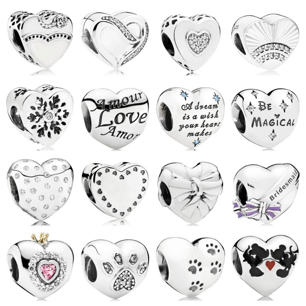 PDB ZZ 12 Pure Silver 925 Beads with 1:1 Heart-shaped Paw Print Pink Princess Ribbon Brilliant Butterfly Knot for Pan Bracelet