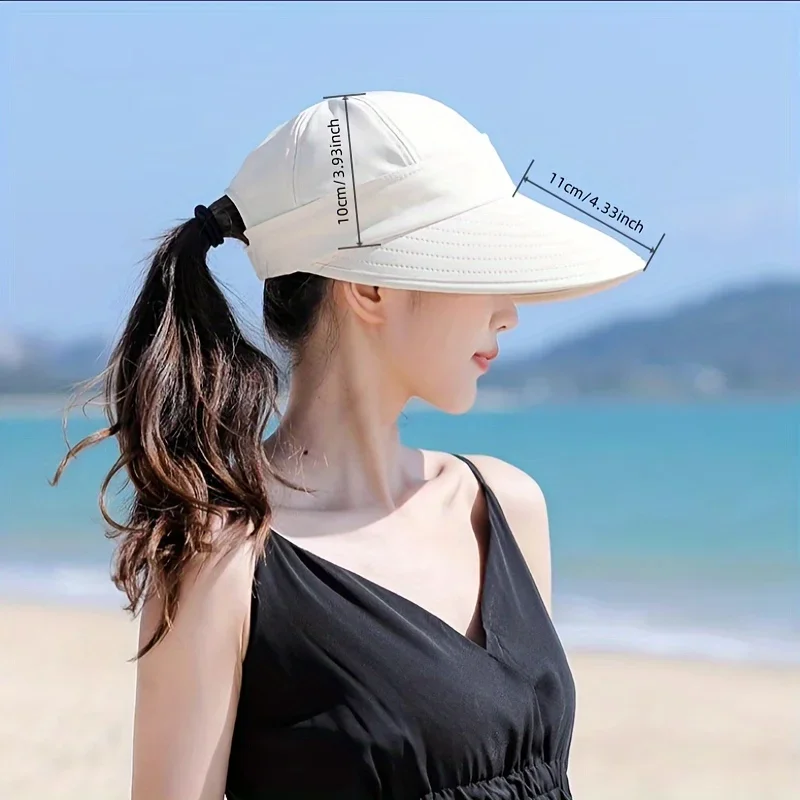 Sombrero de sol de ala ancha para mujer, gorro de cola de caballo desmontable, tapa vacía, protección UV para pesca en la playa al aire libre, Color sólido, 1 ud.