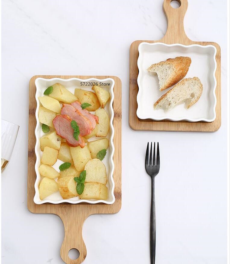white ceramic baking tray household rectangular tray fruit tray kitchen cheese baked rice bowl natural bamboo wood tray