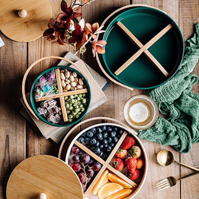 FANCITY ceramic grid plate with lid dried fruit plate fruit platter Nordic living room household fruit box snack snack