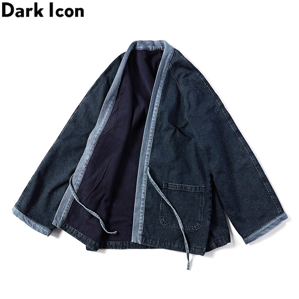 Mørkt ikon ensfarvet denim kimono mænd åben søm fleece inde i mænds jakker overtøj jean jakke streetwear