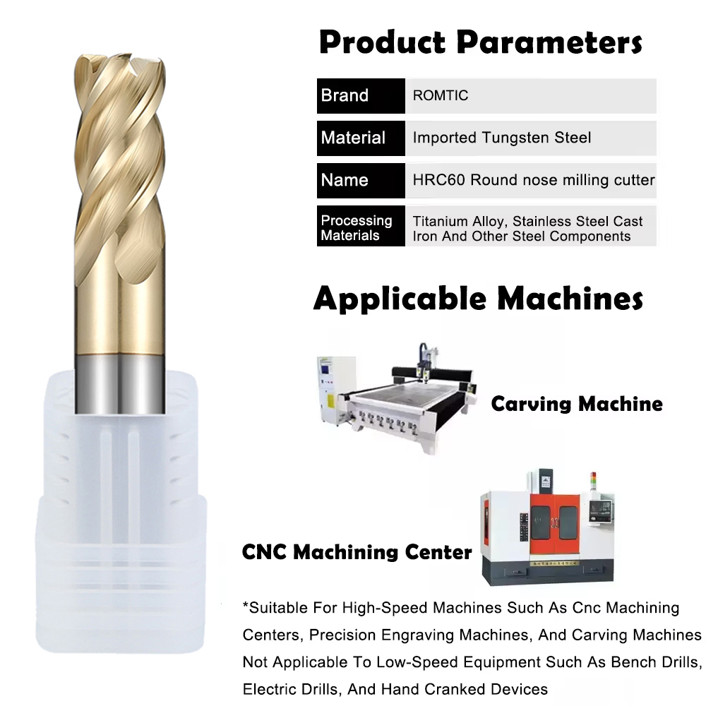 ROMTIC 4F Tungsten Steel Carbide Milling Cutter Titanium Alloy Unequal Divided Edge Round Nose Endmills CNC Machining Center