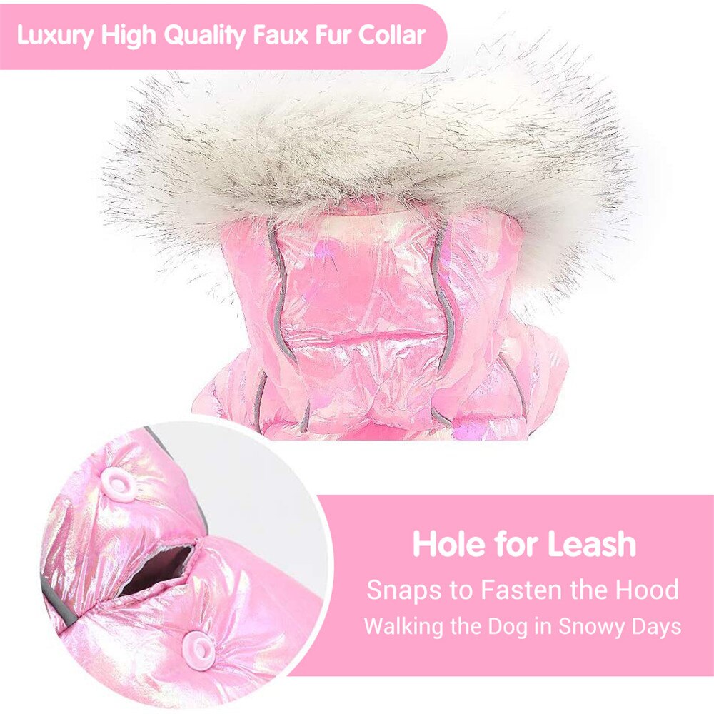 Ropa de invierno para perro, monos de lujo con Cuello de piel, abrigo acolchado grueso e impermeable para perros pequeños, cálido para mascotas, traje de nieve y tormenta