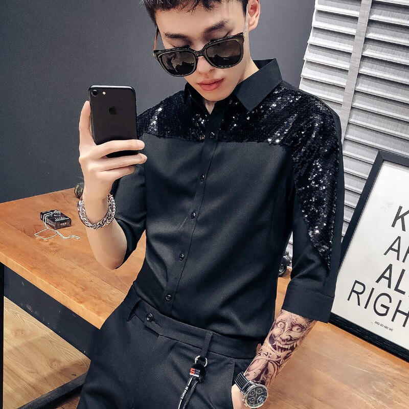 Paljett smoking skjortor män casual slim fit långärmad herr klänning skjortor nattklubb fest bal streetwear kläder social skjorta