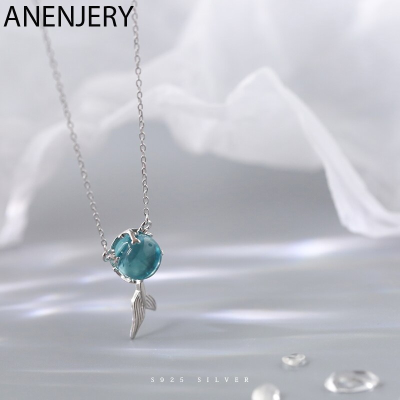Anenjery sierlijke blauwe kristallen visstaartketting voor vrouwen, zilveren ketting met sleutelbeenketting voor verjaardagen -n677