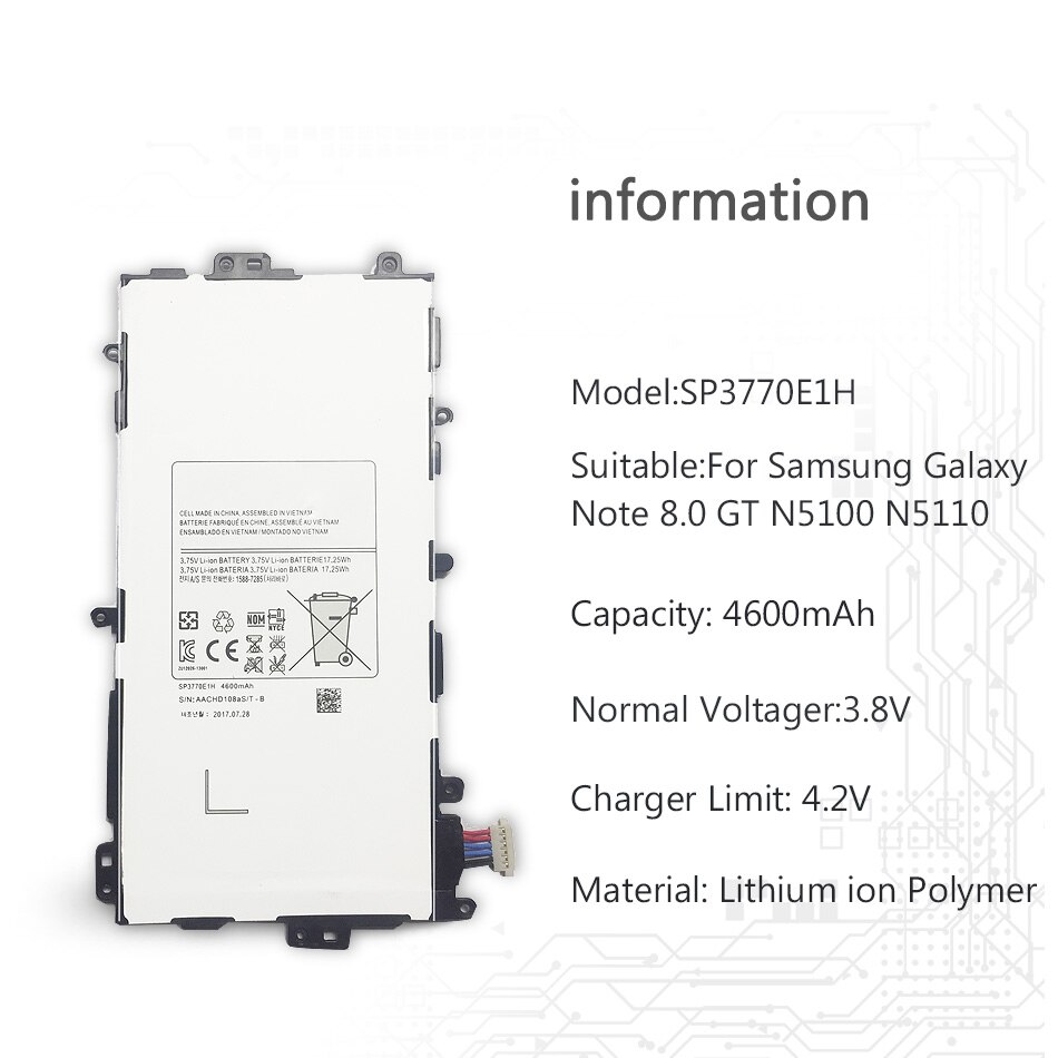 Batería SP3770E1H para Samsung Galaxy Note 8,0 GT N5100 N5120 N5110, capacidad de 4600mAh, baterías de repuesto
