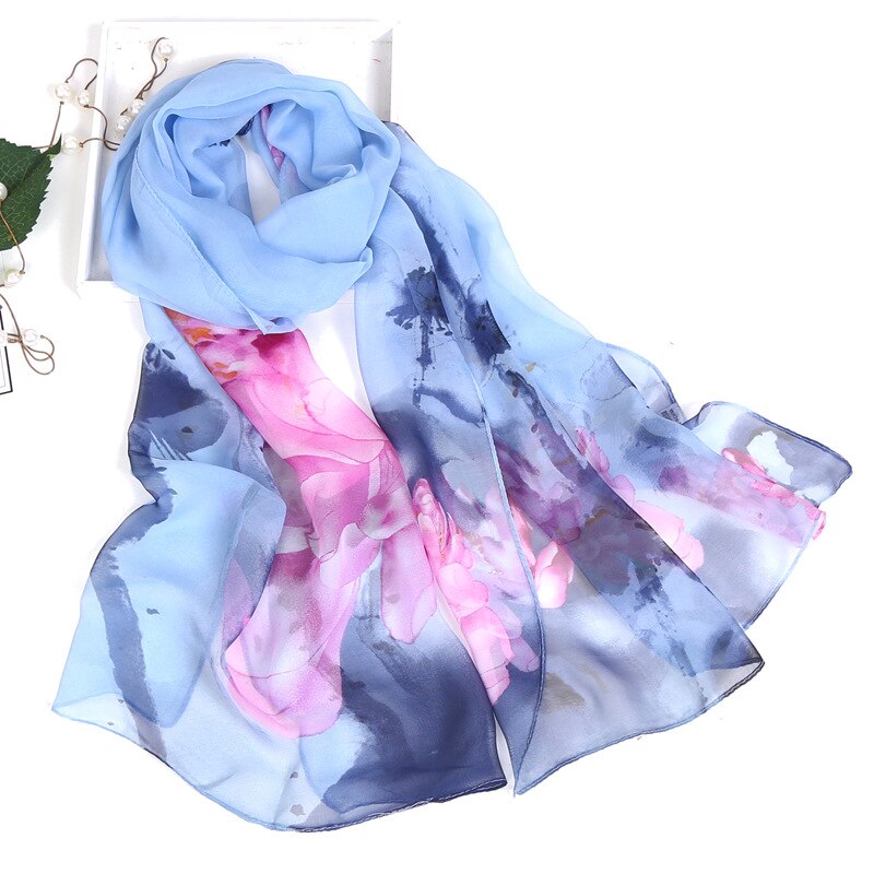 Dames foulard chiffon georgette bandana sjaal inkt lotusbloem print lange sjaal zomer wikkel dame dun ademend: Hemelsblauw