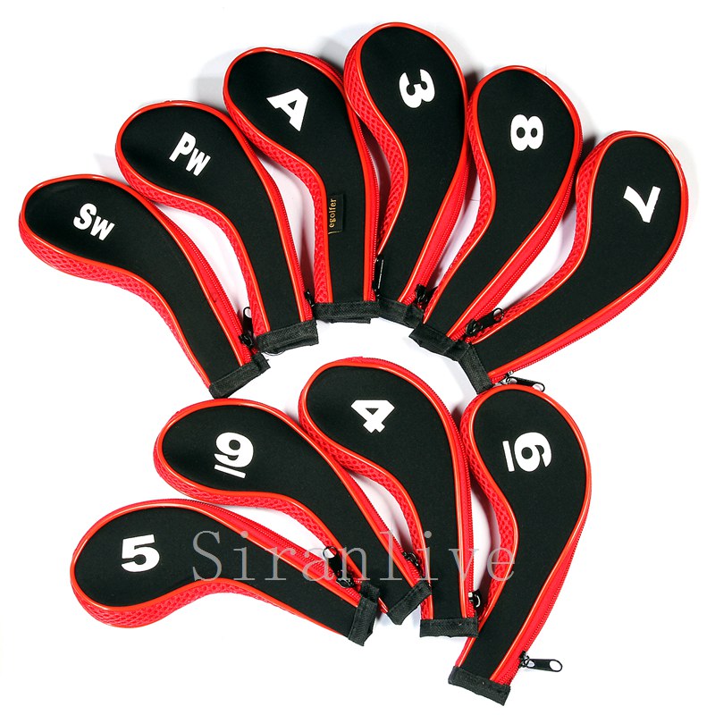 10Pcs Rubber Neoprene Golf Head Cover Golf Club Iron Putter Protect Set Number Printed with Zipper Long Neck